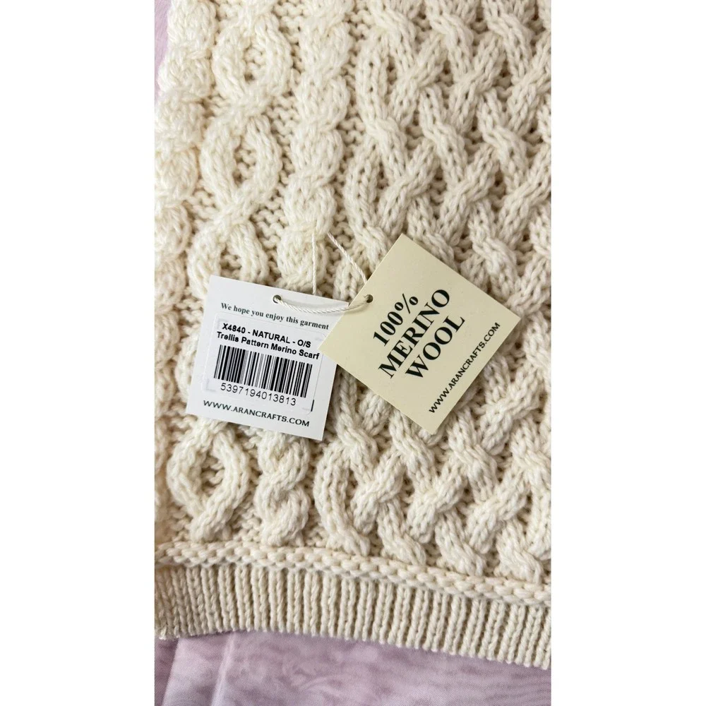 Aran Crafts 100% Merino Wool Trellis Pattern Scarf Natural Cream Ireland X4840